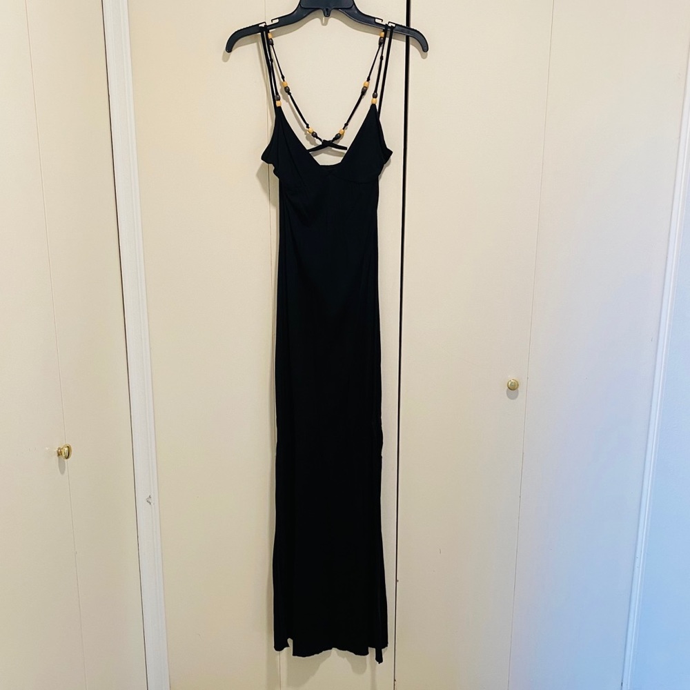 Long Black Maxi W/ Beaded Straps Boho